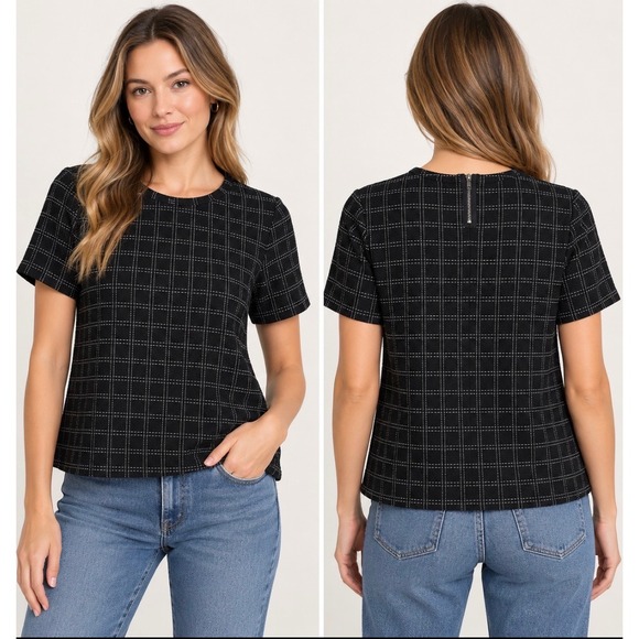 Anthropologie Tops - Anthropologie Postmark Keisha Grid Top Small Black White Windowpane Textured Tee